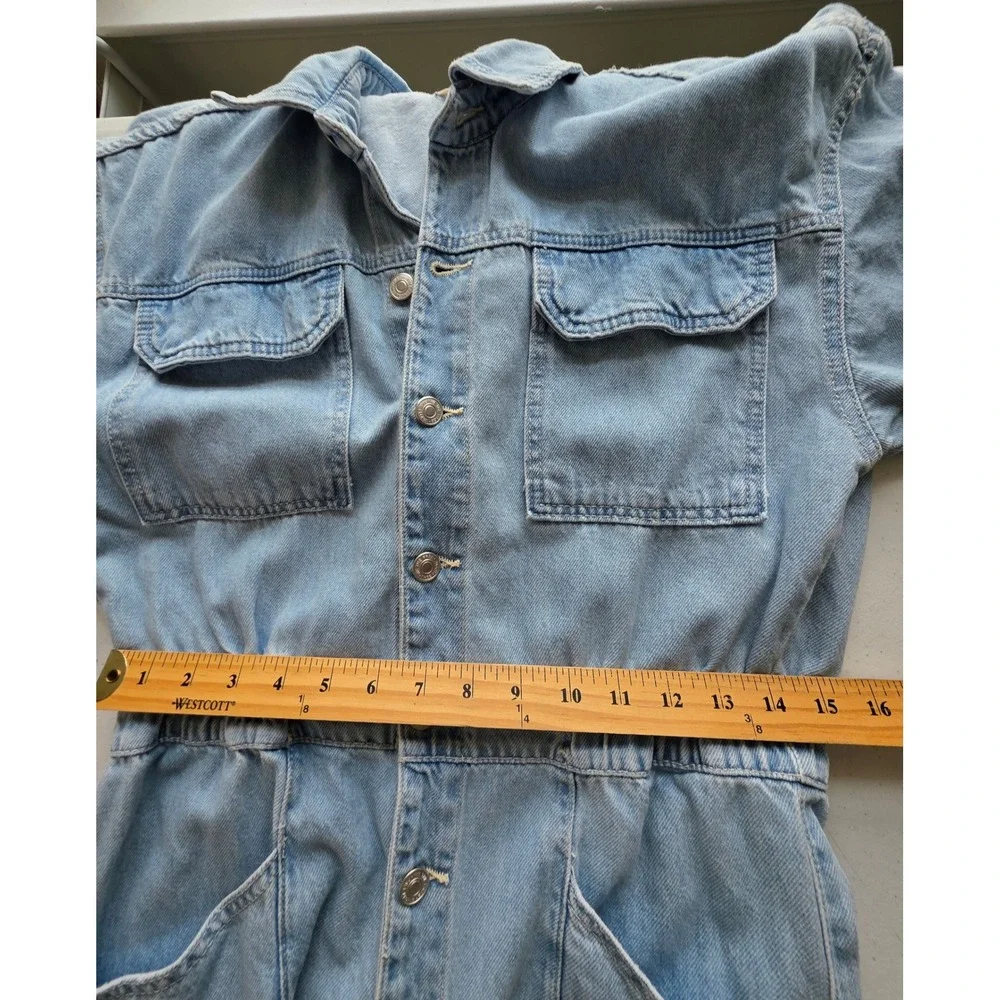 Free People We the Free Marci Denim Jumpsuit Light Wash Blue Utility M Pockets